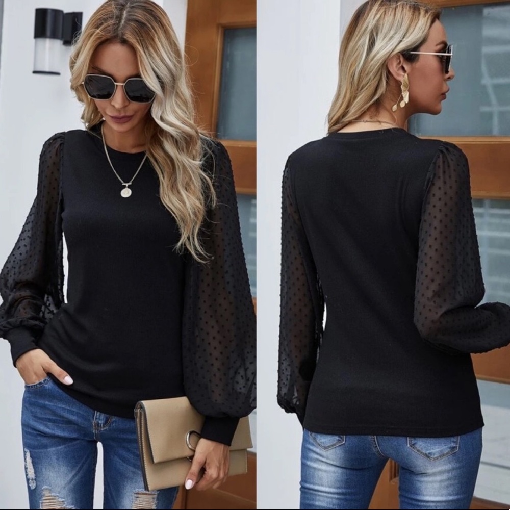 Black Swiss Dot Mesh Sleeve Blouse